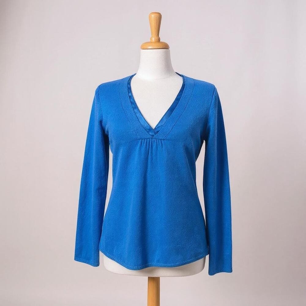 Ann Taylor Babydoll Sweater Sz L Royal Blue V Neck Merino Wool Rabbit Hair